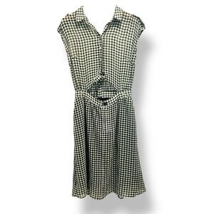 Black White Gingham Cutout Tie Front Midi Dress Button Cap Sleeves Pockets Sz S